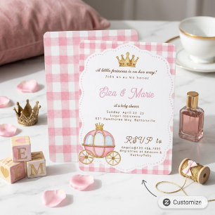Roze Gingham Prinsessen Koets Baby Shower  Kaart