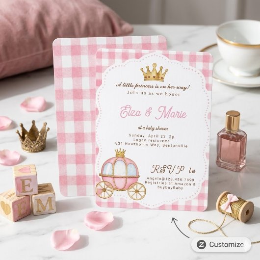 Roze Gingham Prinsessen Koets Baby Shower  Kaart