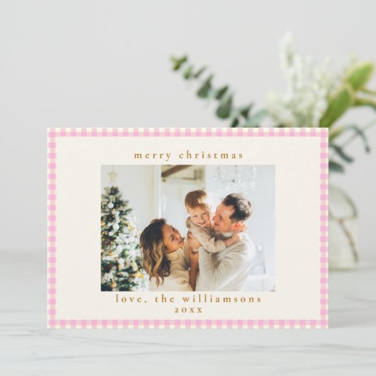  Roze Gingham Pset Aangepaste kerstfoto Feestdagenkaart (Staand voorkant)