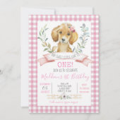 Roze Gingham Puppy Verjaardagsfeest Kaart (Voorkant)