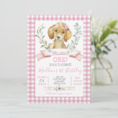 Roze Gingham Puppy Verjaardagsfeest Kaart (Staand voorkant)