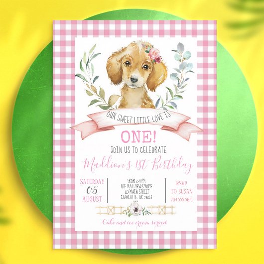Roze Gingham Puppy Verjaardagsfeest Kaart