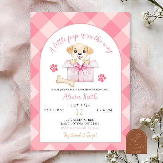 Roze Gingham Puppys Babyfeest Kaart