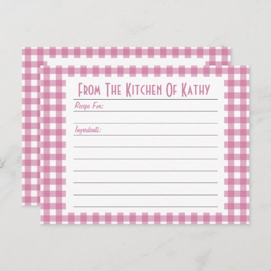 Roze Gingham Recipe Card Briefkaart (Voorkant / Achterkant)
