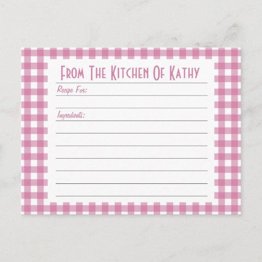 Roze Gingham Recipe Card Briefkaart (Voorkant)