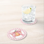 Roze Gingham Ribbon Pompoen, Coquette Bow Ronde Kartonnen Onderzetter (Insitu)