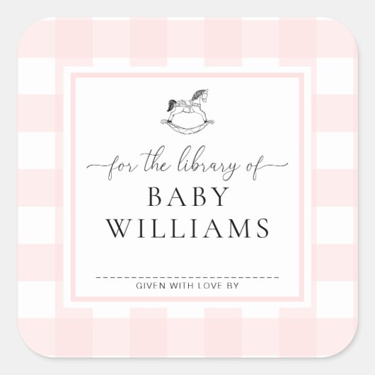Roze Gingham Rocking Horse Library of Bookplate Vierkante Sticker (Voorkant)
