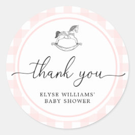 Roze Gingham Rocking Horse Shower Favor Sticker