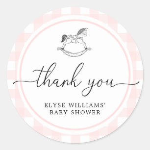 Roze Gingham Rocking Horse Shower Favor Sticker