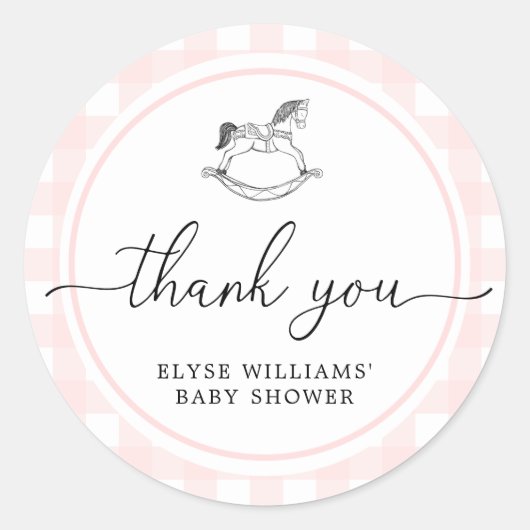 Roze Gingham Rocking Horse Shower Favor Sticker (Voorkant)