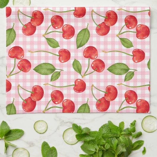 Roze Gingham & Rode Kersen Picknick Theedoek (Gevouwen)