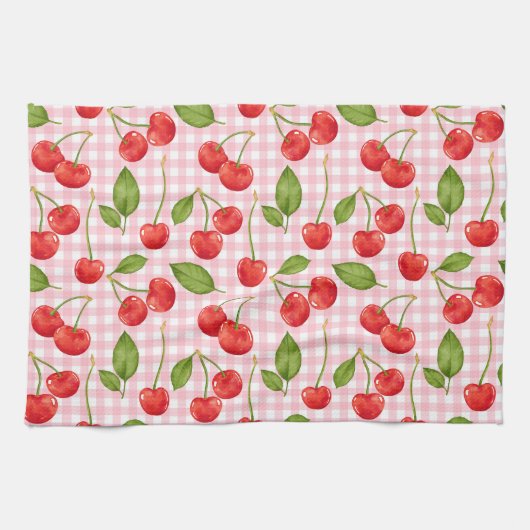 Roze Gingham & Rode Kersen Picknick Theedoek (Horizontaal)