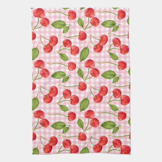 Roze Gingham & Rode Kersen Picknick Theedoek (Verticaal)