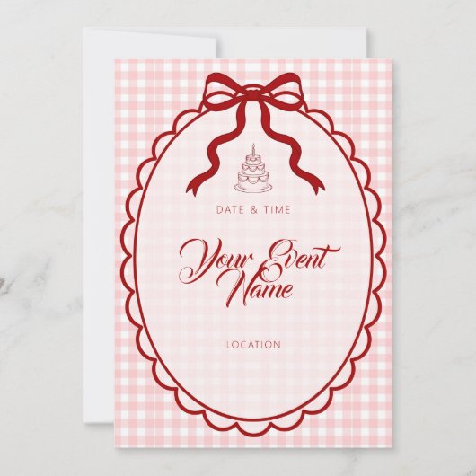 Roze Gingham Rode Lint Boog Kaart (Voorkant)