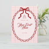 Roze Gingham Rode Lint Boog Kaart (Staand voorkant)