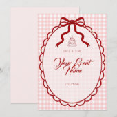Roze Gingham Rode Lint Boog Kaart (Voorkant / Achterkant)