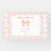 Roze Gingham Roze Bow Verjaardag Welkomstbord Spandoek (Horizontaal)