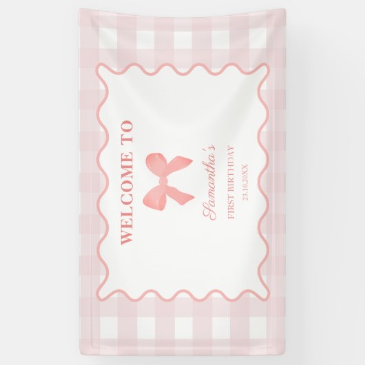 Roze Gingham Roze Bow Verjaardag Welkomstbord Spandoek (Verticaal)
