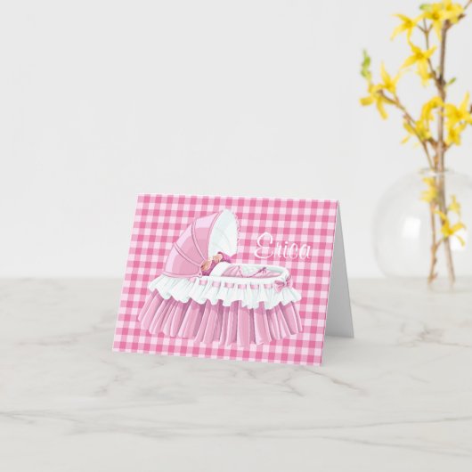 Roze Gingham Ruffled Bassinet Blank Notecard Kaart (Gele Bloem)