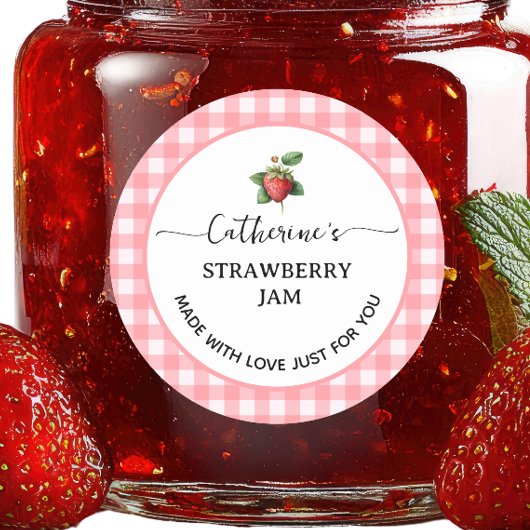 Roze gingham ruit Thuisgemaakte aardbeienjam label