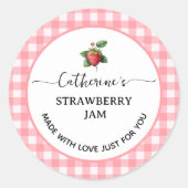 Roze gingham ruit Thuisgemaakte aardbeienjam label (Voorkant)