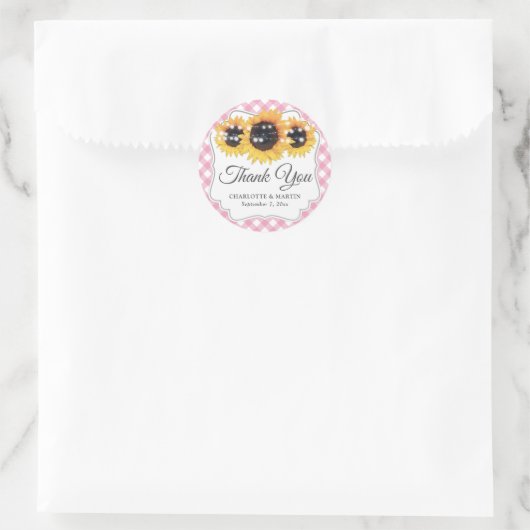 Roze Gingham Rustic Sunflower Floral bedankt Ronde Sticker (Tas)