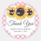 Roze Gingham Rustic Sunflower Floral bedankt Ronde Sticker (Voorkant)