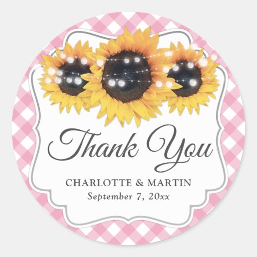 Roze Gingham Rustic Sunflower Floral bedankt Ronde Sticker (Voorkant)