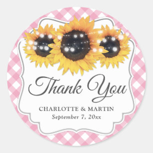 Roze Gingham Rustic Sunflower Floral bedankt Ronde Sticker