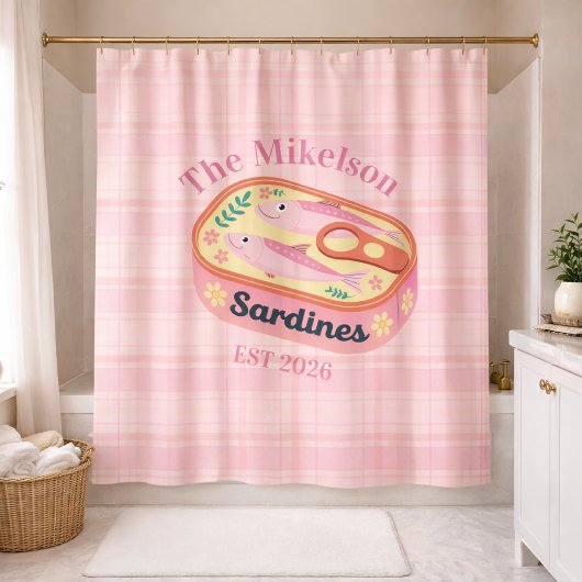 Roze Gingham Sardines Aangepaste Familienaam Douchegordijn