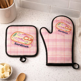Roze Gingham Sardines Aangepaste Familienaam Ovenwant & Pannenlap Set