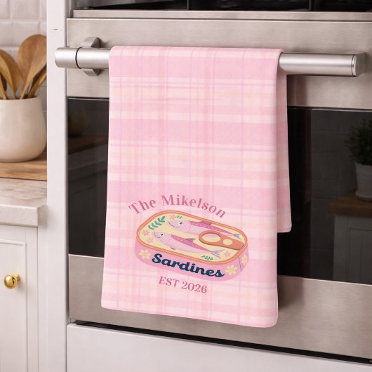 Roze Gingham Sardines Aangepaste Familienaam Theedoek