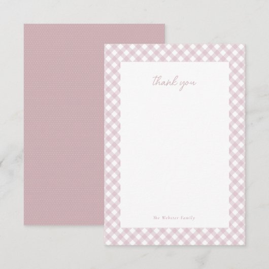 Roze gingham schattig gepersonaliseerde baby meisj bedankkaart (Voorkant / Achterkant)