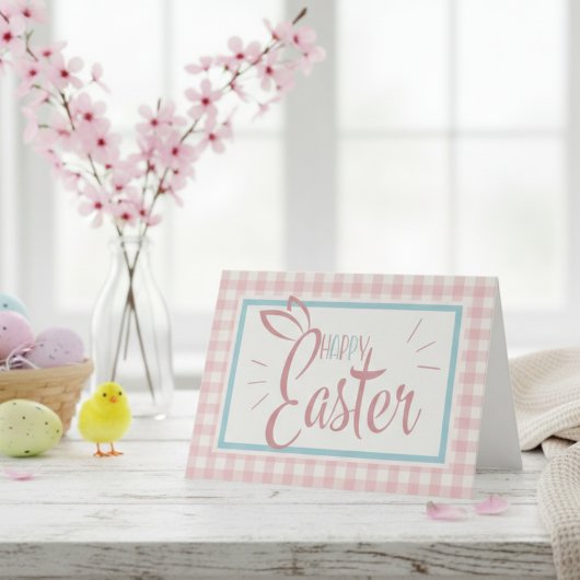 Roze Gingham Schattige Happy Easter Custom Feestdagen Kaart