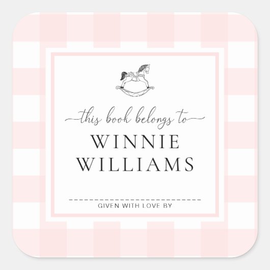 Roze Gingham Schommelend Paard Ex-Libris Sticker (Voorkant)
