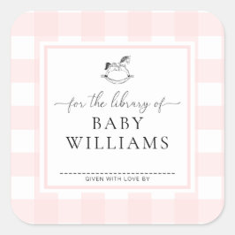 Roze Gingham Schommelpaard Bibliotheek Boekplaat Vierkante Sticker