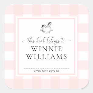 Roze Gingham Schommelpaard Ex-Libris Sticker