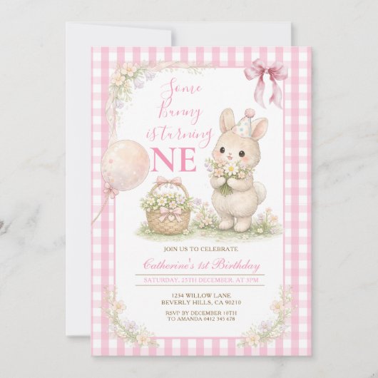 Roze Gingham Some Bunny Is Turning One Verjaardag Kaart (Voorkant)