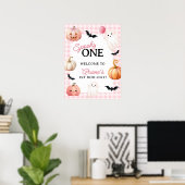 Roze Gingham Spoky Eerste Verjaardag Welkom Poster (Thuiskantoor)