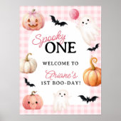 Roze Gingham Spoky Eerste Verjaardag Welkom Poster (Voorkant)