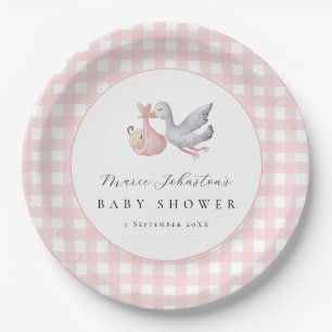 Roze Gingham Steel Baby Shower Papieren Borden Bordje