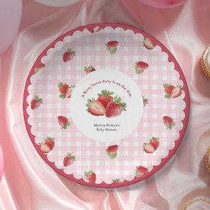 roze Gingham Strawberry-Baby Meisje Shower Papieren Bordje