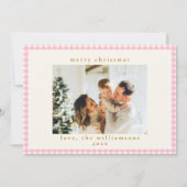 Roze Gingham Streep Custom Foto Kerstmis Feestdagenkaart (Voorkant)