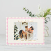 Roze Gingham Streep Custom Foto Kerstmis Feestdagenkaart (Staand voorkant)