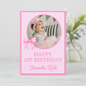 Roze Gingham Strik 1e Verjaardag Foto Kaart (Staand voorkant)