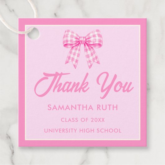 Roze Gingham Strik Afstudeerfeestje Bedankjes Labels (Voorkant)