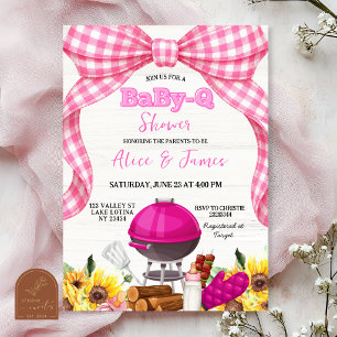 Roze Gingham Strik Baby-Q Baby Shower Uitnodiging