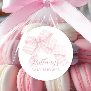Roze Gingham Strik Baby Shower Ronde Sticker