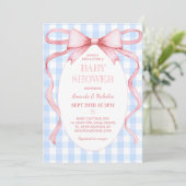 Roze Gingham Strik Babymergis Kaart (Staand voorkant)