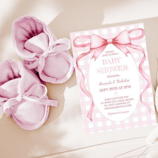Roze Gingham Strik Babymergis Kaart
